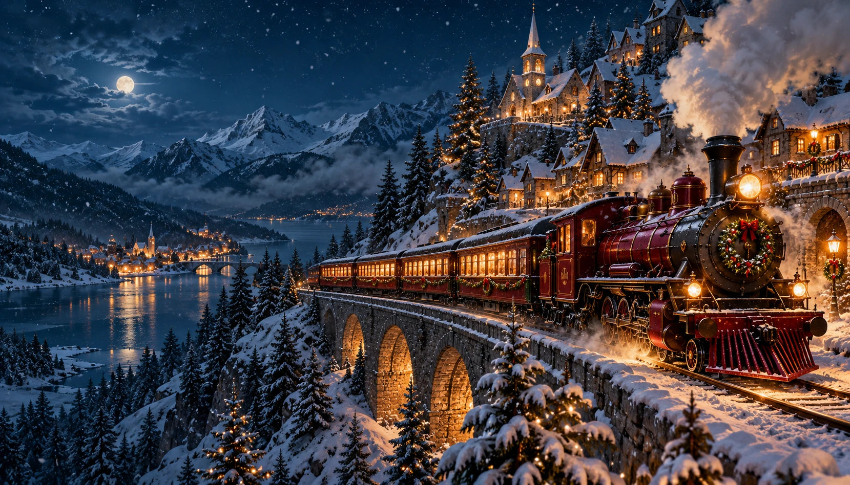 A vintage Christmas train crossing a snowy village at night