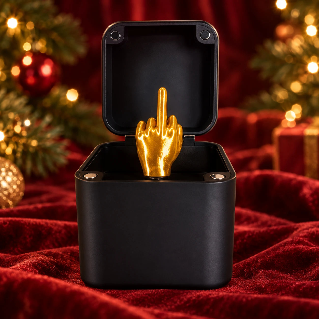 The Naughty List black prank box — gold-colored surprise