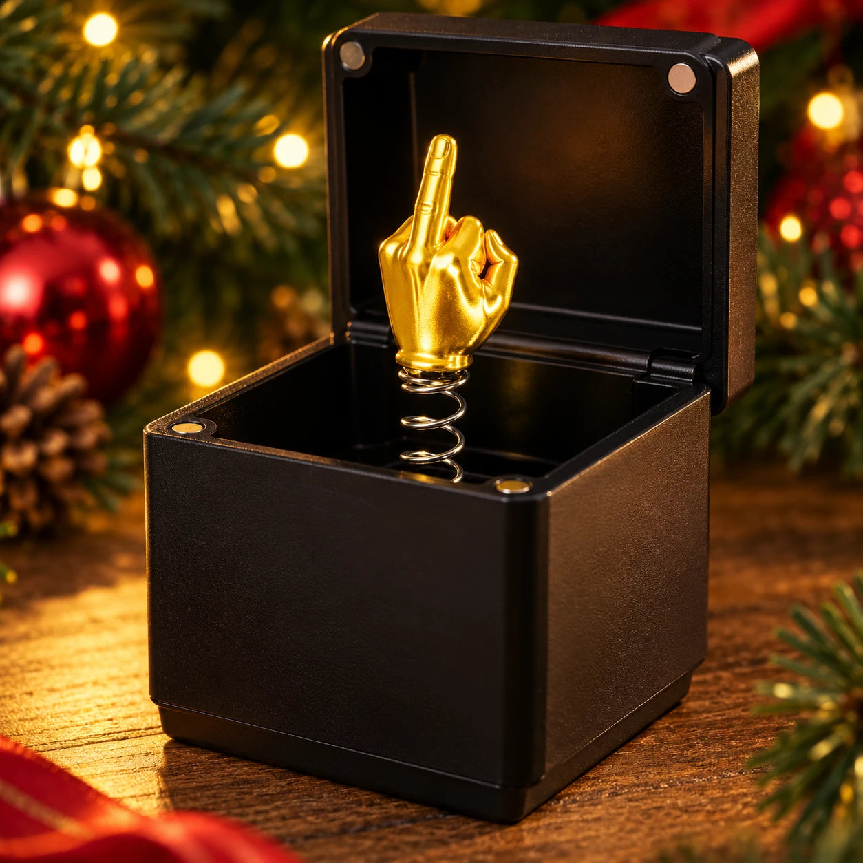 The Naughty List black prank box — spring detail