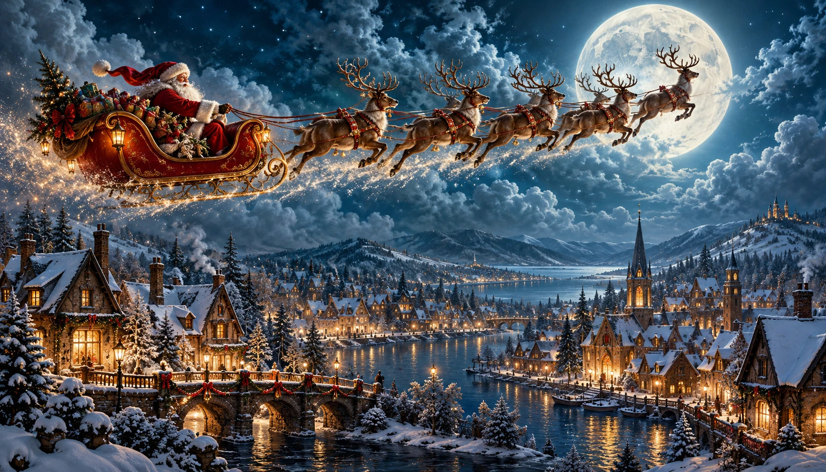 Santa and his reindeer above a moonlit Christmas village
